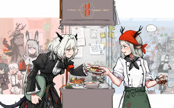 Rule 34 | !, ..., 4boys, 6+girls, ahoge, alina (arknights), alternate costume, animal ears, antenna hair, antlers, apron, arknights, ascot, bandana, big bob (arknights), black ascot, black dress, black neckerchief, blush, bowl, ch&#039;en (arknights), chainsaw, coat, commentary, cowboy shot, deer antlers, deer ears, dragon girl, dragon horns, dragon tail, dress, ear ornament, english commentary, english text, eye contact, faust (arknights), food, frostnova (arknights), green apron, grey eyes, hair intakes, hair ornament, hair over one eye, hairclip, ham, heart, highres, holding, holding bowl, holding chainsaw, holding kettle, holding plate, holding tray, horns, hoshiguma (arknights), jitome, ketchup bottle, long hair, looking at another, multiple boys, multiple girls, neckerchief, o o, open mouth, patriot (arknights), plate, pointy ears, profile, pudding, rabbit ears, red bandana, reunion logo (arknights), reunion soldier (arknights), scales, scar, scar on face, scar on nose, short hair, silverxp, smile, speech bubble, spoken ellipsis, spoken exclamation mark, spoken heart, sweatdrop, swire (arknights), tail, talulah (arknights), teeth, tray, upper teeth only, white coat