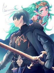 Rule 34 | 1boy, 1girl, absurdres, anniversary, armor, black gloves, blue hair, braid, byleth (fire emblem), byleth (male) (fire emblem), cape, dagger, fire emblem, fire emblem: three houses, gloves, hair ornament, heroes relic (fire emblem), highres, holding, holding sword, holding weapon, knife, long hair, nintendo, pointy ears, red cape, sheath, sheathed, simple background, sothis (fire emblem), sword, sword of the creator, tiara, weapon, white background, yasai maru