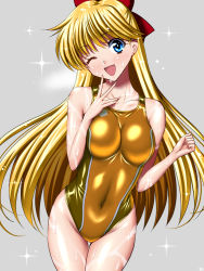 Rule 34 | 1girl, ;d, aino minako, arena (company), bare shoulders, bishoujo senshi sailor moon, blonde hair, blue eyes, blush, bow, breasts, collarbone, competition swimsuit, covered navel, earrings, finger to face, grey background, groin, hair bow, highleg, highleg swimsuit, jewelry, long hair, one-piece swimsuit, one eye closed, open mouth, sen (sansui), shiny clothes, simple background, smile, solo, sparkle, swimsuit, v, wet
