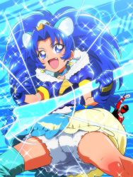 Rule 34 | 10s, :d, animal ears, blue background, blue eyes, blue gloves, blue hair, blue neckwear, blue shirt, blue skirt, blue theme, blue thighhighs, choker, cowboy shot, crossover, crown, cure gelato, fang, gloves, guitar, holding, holding instrument, instrument, kirakira precure a la mode, layered skirt, lion ears, lion tail, long hair, looking at viewer, magical girl, mini crown, music, open mouth, petticoat, playing instrument, precure, shirt, shishi red, single thighhigh, skirt, smile, sparkle, super sentai, tail, tategami aoi, thighhighs, tj-type1, uchuu sentai kyuuranger, white skirt