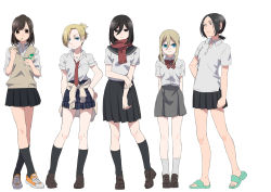Rule 34 | 5girls, alternate costume, annie leonhart, arm behind back, arms behind back, black eyes, black hair, black skirt, black socks, blonde hair, blue eyes, blue footwear, bow, bowtie, bracelet, breasts, brown eyes, brown footwear, brown hair, clothes around waist, collared shirt, contemporary, eating, food, freckles, full body, grey skirt, hair between eyes, hair over one eye, hand on own hip, hands up, holding, jewelry, kneehighs, krista lenz, loafers, long sleeves, looking at another, looking down, low ponytail, mikasa ackerman, miniskirt, mouth hold, multiple girls, musco, necktie, plaid, plaid skirt, pleated skirt, ponytail, red neckwear, red scarf, sandals, sasha blouse, scarf, school uniform, shingeki no kyojin, shirt, shoes, short hair, short ponytail, short sleeves, silver hair, simple background, skirt, small breasts, sneakers, socks, standing, striped bow, striped neckwear, sweater, sweater around waist, sweater vest, white background, white shirt, yellow footwear, ymir (shingeki no kyojin)