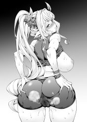 Rule 34 | 10s, 1girl, alternate hairstyle, ass, ass grab, bike shorts, blush, breasts, cameltoe, cleft of venus, clothes lift, draph, from behind, granblue fantasy, greyscale, highres, horns, huge ass, huge breasts, large breasts, leaning forward, long hair, looking back, monochrome, mushi024, nipples, pointy ears, ponytail, razia, shirt lift, sideboob, smell, solo, spread ass, steam, sweat, thick thighs, thighs, wide hips, wristband