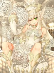 Rule 34 | 1girl, :q, animal ears, bare shoulders, between thighs, blonde hair, boots, chair, commentary, couch, cushion, detached sleeves, dress, frilled dress, frills, green eyes, hair between eyes, headdress, holding, indoors, kawaku, lace, legs, long hair, long sleeves, one eye closed, original, short dress, sitting, solo, spread legs, tongue, tongue out, white dress, white theme, wide sleeves