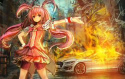 Rule 34 | &gt;:3, 10s, 1girl, :3, audi, bike shorts, bow, car, city, cure happy, dress, fire, frills, hair between eyes, hand on own hip, hip focus, hoshizora miyuki, lm7 (op-center), long hair, looking at viewer, magical girl, motor vehicle, outstretched arm, pink bow, pink hair, pink shorts, pink skirt, precure, shorts, skirt, smile, smile precure!, solo, tiara, traffic light, v-shaped eyebrows, vehicle, very long hair