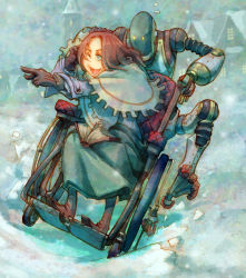 Rule 34 | 1girl, asterisk kome, blue eyes, book, brown hair, dress, gloves, open mouth, pointing, robot, running, snow, wheelchair, winter clothes