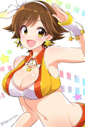 Rule 34 | 10s, 1girl, arm up, armpits, breasts, brown hair, cleavage, earrings, hairband, honda mio, idolmaster, idolmaster cinderella girls, jewelry, large breasts, midriff, navel, open mouth, short hair, sleeveless, smile, solo, star (symbol), star earrings, trente, upper body, wrist cuffs, yellow eyes