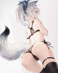 Rule 34 | 1girl, animal ears, arm strap, ass, bare shoulders, black bra, black panties, black thighhighs, blue eyes, bra, bracelet, butt crack, commentary request, cowboy shot, fox ears, fox girl, fox tail, from behind, hair ornament, hand on own ass, hand up, highres, jewelry, leg belt, lingerie, long hair, looking at viewer, looking back, original, panties, parted lips, partially visible vulva, ponytail, side-tie panties, silver hair, skindentation, solo, tail, thighhighs, underwear, underwear only, yatsuha (hachiyoh)
