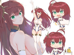 Rule 34 | 1girl, a (yyyaa), ahoge, asymmetrical hair, azur lane, bottle, breasts, chibi, coca-cola, cross, elbow gloves, fork, french flag, gloves, hair ornament, highres, large breasts, looking at viewer, multiple views, one-piece swimsuit, red hair, sideboob, simple background, surcouf (azur lane), swimsuit, thighhighs, white background, white gloves, white one-piece swimsuit, white thighhighs
