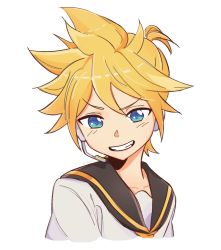 Rule 34 | 1boy, black collar, blonde hair, blue eyes, collar, collarbone, cropped shoulders, grin, headphones, headset, highres, kagamine len, looking down, looking to the side, m0ti, male focus, microphone, necktie, sailor collar, school uniform, shirt, short hair, short ponytail, smile, smug, solo, spiked hair, upper body, v-shaped eyebrows, vocaloid, white background, white shirt, yellow necktie