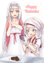 Rule 34 | 10s, 2girls, :d, candy, chocolate, chocolate heart, chocolate on face, dated, food, food on face, own hands clasped, happy valentine, heart, kantai collection, long hair, looking at another, mother and daughter, multiple girls, open mouth, own hands together, red eyes, sensen, shoukaku (kancolle), silver hair, smile, valentine, very long hair
