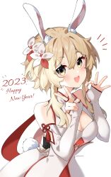 Rule 34 | 1girl, 2023, alternate color, animal ear fluff, animal ears, artist name, blonde hair, blush, breasts, dress, elbow gloves, english text, eyes visible through hair, fingernails, flower, genshin impact, gloves, hair between eyes, hair flower, hair ornament, hands up, happy new year, highres, jasummin, looking at viewer, lumine (genshin impact), medium breasts, multicolored flower, new year, open mouth, rabbit ears, rabbit tail, red flower, short hair, short hair with long locks, sidelocks, simple background, smile, solo, tail, teeth, tongue, watermark, white background, white dress, white flower, white gloves, yellow eyes