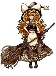 Rule 34 | 1girl, apron, bad id, bad pixiv id, bamboo broom, blonde hair, bow, braid, broom, buttons, curly hair, embellished costume, female focus, frills, gathers, gloves, hair bow, hand on own hip, hat, hat ribbon, hip focus, kansou samehada, kirisame marisa, long hair, petticoat, pigeon-toed, ribbon, simple background, single glove, smile, solo, standing, touhou, very long hair, waist apron, white background, witch, witch hat, yellow eyes
