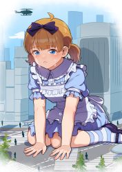 Rule 34 | 1girl, aircraft, apron, arm support, blue bow, blue dress, blue eyes, blue footwear, blue legwear, blue sky, bow, brown hair, building, collared dress, commentary, crying, day, dress, giant, giantess, hair bow, half-closed eyes, helicopter, idolmaster, idolmaster million live!, intersection, kamille (vcx68), leaning forward, light blush, low twintails, maid apron, mary janes, medium dress, multiple others, outdoors, puffy short sleeves, puffy sleeves, road, shoes, short hair, short sleeves, short twintails, sitting, sky, socks, solo focus, striped clothes, striped socks, suou momoko, tears, twintails, wariza, white apron
