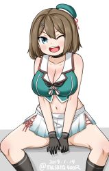 Rule 34 | 1girl, bare shoulders, beret, black gloves, black socks, blue eyes, breasts, brown hair, cleavage, collarbone, covering privates, covering crotch, dated, gloves, green shirt, hair ornament, hairclip, hat, hat ribbon, headgear, kantai collection, kneehighs, large breasts, looking at viewer, masara (chuujou), maya (kancolle), maya kai ni (kancolle), midriff, navel, one eye closed, open mouth, pleated skirt, red ribbon, ribbon, school uniform, serafuku, shirt, short hair, sitting, skirt, sleeveless, smile, socks, solo, spread legs, twitter username, white background, white skirt, x hair ornament