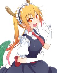 Rule 34 | 1girl, absurdres, blonde hair, blue dress, breasts, collared shirt, dragon girl, dragon tail, dress, elbow gloves, fang, frilled dress, frills, gloves, gradient hair, highres, horns, index finger raised, kobayashi-san chi no maidragon, large breasts, long dress, long hair, looking at viewer, maid headdress, multicolored hair, necktie, one eye closed, pinafore dress, red eyes, red hair, red necktie, shirt, short sleeves, simple background, sleeveless, sleeveless dress, solo, tail, tohru (maidragon), twintails, very long hair, white background, white gloves, white shirt, wing collar, yaaben