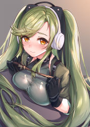 Rule 34 | 1girl, black gloves, blush, bobo (6630978), breast press, breasts, brown background, brown eyes, commentary request, girls&#039; frontline, gloves, gradient background, green hair, green jacket, grey background, headphones, holding, jacket, long hair, looking at viewer, magal (girls&#039; frontline), medium breasts, short sleeves, solo, twintails, very long hair