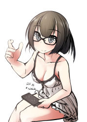 Rule 34 | 10s, 1girl, akizuki (kancolle), alternate costume, bad id, bad pixiv id, bare shoulders, black eyes, black hair, breasts, cleavage, collarbone, dated, dress, eyebrows, glasses, highres, kantai collection, looking at viewer, nekobaka, short hair, simple background, sitting, solo, white background