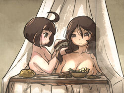 Rule 34 | 2girls, ahoge, ahoge page (ironlily), bowl, breasts, brown hair, brushing another&#039;s hair, brushing hair, cleavage, curtains, highres, ironlily, lady lucerne (ironlily), long hair, medium breasts, multiple girls, nude, ordo mediare sisters (ironlily), short hair, steam, wet
