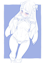 Rule 34 | 1girl, blouse, blue theme, blush, bow, bow panties, breasts, closed mouth, clothes lift, commentary, crotch seam, hair bow, half-closed eyes, highres, kaguya madoka, kneehighs, lifting own clothes, long hair, long sleeves, looking at viewer, mihoshi middle school uniform, miyagoe yoshitsuki, monochrome, navel, nipples, panties, precure, school uniform, shirt, shirt lift, small breasts, smile, socks, solo, standing, star twinkle precure, underwear