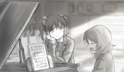 Rule 34 | 2girls, blurry, blurry background, blush, bow, bowtie, classroom, closed eyes, closed mouth, female focus, flat chest, from side, grand piano, greyscale, hair bow, happy, head rest, indoors, instrument, jacket, light blush, long sleeves, looking at another, love live!, love live! school idol project, monochrome, multiple girls, music, music sheet, nishikino maki, open clothes, open jacket, open mouth, paper, piano, playing instrument, profile, school uniform, shibasaki shouji, shirt, short hair, sideways mouth, sitting, smile, standing, twintails, upper body, yazawa nico