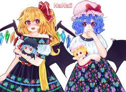 Rule 34 | 2girls, absurdres, alternate costume, artist name, bare shoulders, bat wings, blonde hair, blue hair, character doll, collarbone, commentary, covering own mouth, cowboy shot, crystal, english commentary, flandre scarlet, floral print, fumo (doll), hair between eyes, hat, highres, long hair, long skirt, medium hair, mob cap, multicolored wings, multiple girls, nanaii desu, no headwear, one side up, open mouth, pink headwear, polish clothes, print shirt, print skirt, red eyes, remilia scarlet, shirt, siblings, simple background, sisters, skirt, teeth, touhou, upper teeth only, white background, wings