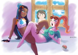 Rule 34 | 3girls, absurdres, artist request, barefoot, blush, breasts, caught, covering own mouth, creatures (company), dark-skinned female, dark skin, feet, game freak, gloria (pokemon), grabbing, grabbing another&#039;s breast, highres, indoors, interracial, looking at another, multiple girls, nessa (pokemon), nintendo, open mouth, poke ball, pokemon, pokemon swsh, smile, sonia (pokemon), spread legs, surprised, tribadism, voyeurism, watching, window, yuri