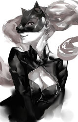Rule 34 | 1girl, blazpu, breasts, cat mask, cleavage, floating hair, highres, lipstick, long hair, makeup, mask, monochrome, persona, persona 5, profile, smile, solo, takamaki anne, twintails, upper body