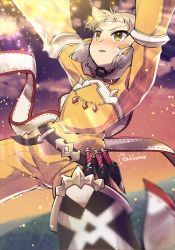 Rule 34 | 1girl, animal ears, arms up, artist name, belt, blush, cat ears, crystal, dagger, dutch angle, female focus, flat chest, flying, grey hair, hair ribbon, horizon, jpeg artifacts, jumpsuit, kakuume, knife, long sleeves, looking up, magic, nia (xenoblade), nintendo, nose blush, open mouth, orange sky, outdoors, ribbon, short hair, signature, sky, solo, spread legs, sunset, sweat, weapon, xenoblade chronicles (series), xenoblade chronicles 2, yellow eyes, yellow ribbon