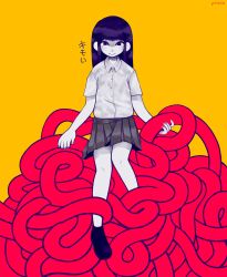 Rule 34 | 1girl, black footwear, black hair, black skirt, blunt bangs, closed mouth, collared shirt, colored skin, commentary, empty eyes, english commentary, highres, holding, long hair, looking at viewer, monoe, pmoth, shirt, short sleeves, simple background, skirt, smile, solo, surreal, tentacles, white shirt, white skin, yellow background, yume nikki
