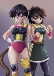 Rule 34 | 2girls, arm at side, armor, bare arms, bare shoulders, black hair, clenched hands, dragon ball, dragon ball super, dragon ball super broly, dragonball z, fingernails, frown, gine, gloves, gogo77 bb, gradient background, grey background, hand on own hip, highres, leotard, looking at viewer, looking away, monkey tail, multiple girls, pantyhose, pink background, seripa, short hair, simple background, single thighhigh, smile, standing, tail, thighhighs, thighs, v-shaped eyebrows, very short hair, white gloves, wristband, yellow legwear