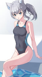 Rule 34 | 1girl, absurdres, animal ear fluff, animal ears, black one-piece swimsuit, blue archive, blue eyes, breasts, competition swimsuit, covered navel, cross hair ornament, extra ears, feet out of frame, grey hair, hair ornament, halo, highres, low ponytail, medium breasts, medium hair, minase03mio, mismatched pupils, multicolored clothes, multicolored swimsuit, official alternate costume, one-piece swimsuit, shiroko (blue archive), shiroko (swimsuit) (blue archive), sitting, soaking feet, solo, swimsuit, wolf ears