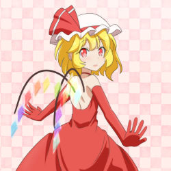 Rule 34 | 1girl, alternate costume, backless dress, backless outfit, bare shoulders, blonde hair, cato (monocatienus), checkered background, choker, commentary request, cowboy shot, dress, elbow gloves, flandre scarlet, from behind, gloves, hat, hat ribbon, looking at viewer, looking back, mob cap, outstretched arms, parted lips, pink background, red choker, red dress, red eyes, red gloves, ribbon, short hair, slit pupils, solo, spread arms, standing, touhou, white hat, wings