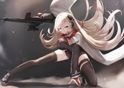 Rule 34 | 1girl, battle rifle, black dress, black footwear, black thighhighs, blonde hair, breasts, bridal gauntlets, cape, closed mouth, commentary request, commission, dress, full body, g3 (girls&#039; frontline), g3 (mod3) (girls&#039; frontline), girls&#039; frontline, gun, h&amp;k g3, hair between eyes, highres, holding, holding gun, holding weapon, large breasts, long hair, looking at viewer, nekoya (liu), purple eyes, rifle, shoes, solo, thighhighs, very long hair, weapon, white cape