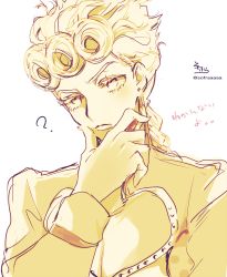 Rule 34 | 1boy, ?, absurdres, braid, closed mouth, giorno giovanna, hand on own chin, hand up, highres, jacket, jojo no kimyou na bouken, long hair, long sleeves, looking at viewer, male focus, monochrome, signature, simple background, sofra, solo, translated, twitter username, upper body, v-shaped eyebrows, vento aureo, white background, yellow theme