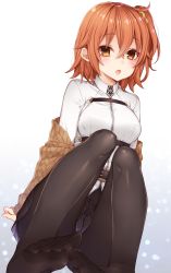 Rule 34 | 1girl, :o, black skirt, blush, breasts, brown eyes, brown hair, cardigan, convenient leg, crossed bangs, dutch angle, fate/grand order, fate (series), feet, fujimaru ritsuka (female), hair between eyes, hair ornament, hair scrunchie, half-closed eyes, highres, legs, looking at viewer, medium breasts, miniskirt, no shoes, open cardigan, open clothes, open mouth, pantyhose, scrunchie, sherypton, side ponytail, sidelocks, sitting, skirt, soles, solo, thighs, toes, uniform, upskirt