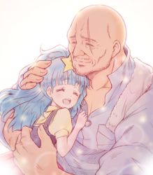 Rule 34 | 10s, 1boy, 1girl, ^ ^, bald, blue hair, bluez, closed eyes, collared shirt, commentary request, family, father and daughter, go takeo, hair ornament, happy, hoshikawa lily, long hair, long sleeves, manly, open mouth, puffy short sleeves, puffy sleeves, scar, scar across eye, scar on face, shirt, short sleeves, spoilers, star (symbol), star hair ornament, towel, twintails, zombie land saga