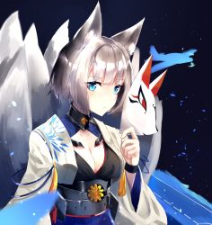 Rule 34 | 1girl, animal ears, azur lane, blue eyes, blurry, breasts, chamnaitu, cleavage, commentary request, depth of field, eyeshadow, fox ears, fox mask, fox tail, highres, holding, japanese clothes, kaga (azur lane), looking at viewer, makeup, mask, medium breasts, multiple tails, short hair, silver hair, simple background, solo, tail, upper body, wide sleeves