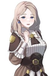 Rule 34 | 1girl, :d, ascot, blonde hair, blue eyes, blush, brown ascot, brown dress, dress, earrings, fire emblem, fire emblem: three houses, fire emblem warriors: three hopes, jewelry, long hair, long sleeves, mercedes von martritz, nintendo, official alternate costume, open mouth, shirt, simple background, smile, solo, upper body, white shirt, yuriodayo