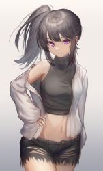 Rule 34 | 1girl, absurdres, bare shoulders, black hair, black shorts, character request, commentary request, copyright request, cowboy shot, crop top, cutoffs, gradient background, grey background, grey jacket, hand on own hip, highres, ioriwu8, jacket, long hair, long sleeves, looking at viewer, midriff, navel, off shoulder, open clothes, open jacket, purple eyes, shirt, short shorts, shorts, side ponytail, sleeveless, sleeveless shirt, smile, solo, standing, stomach, turtleneck