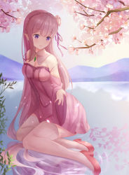 Rule 34 | 10s, 1girl, bare shoulders, braid, breasts, cherry blossoms, cleavage, crown braid, day, detached collar, dress, elf, emilia (re:zero), eyebrows, flower, full body, hair flower, hair ornament, hair ribbon, jewelry, kimm, kneeling, lake, light particles, long hair, looking at hand, medium breasts, mountain, outdoors, parted lips, pendant, pink dress, pink hair, pointy ears, purple eyes, purple ribbon, re:zero kara hajimeru isekai seikatsu, red footwear, reflection, ribbon, ripples, shoes, silver hair, sitting, sky, sleeveless, sleeveless dress, solo, thighhighs, very long hair, water, white thighhighs, yokozuwari
