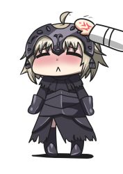 Rule 34 | 2girls, :&lt;, = =, ahoge, armor, black dress, blonde hair, blush, chibi, closed eyes, closed mouth, command spell, cowfee, diadem, dot nose, dress, fate (series), frown, fujimaru ritsuka (female), full body, gauntlets, hand on another&#039;s head, headpat, highres, jacket, jeanne d&#039;arc (fate), jeanne d&#039;arc (ruler) (fate), jeanne d&#039;arc alter (avenger) (fate), jeanne d&#039;arc alter (fate), long sleeves, multiple girls, out of frame, riyo (lyomsnpmp) (style), sad, short hair, signature, simple background, solo focus, standing, thighhighs, white background, white jacket