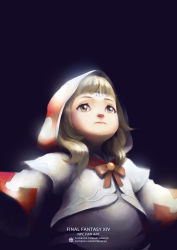 Rule 34 | 1girl, absurdres, black background, blonde hair, brown eyes, circlet, commentary, english commentary, english text, extra, final fantasy, final fantasy xiv, flat chest, forehead jewel, glowing, highres, hood, hood up, lalafell, medium hair, multicolored clothes, robe, solo, strigi signum, watermark, web address, white hood, white mage (final fantasy), wide sleeves