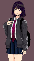 Rule 34 | 1girl, arm at side, backpack, bag, black hair, blue skirt, blush, breasts, brown eyes, closed mouth, commentary request, cowboy shot, dress shirt, embarrassed, guglielmo, hand on own chest, highres, jacket, looking at viewer, necktie, original, purple background, red necktie, school uniform, shirt, short hair, simple background, skirt, small breasts, solo, track jacket, white shirt