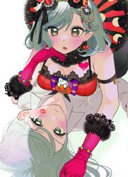 Rule 34 | 2girls, :o, aqua hair, asymmetrical docking, bang dream!, bead bracelet, beads, blush, bracelet, breast press, breasts, cleavage, closed mouth, commentary, demon horns, dress, earrings, fake horns, fur-trimmed gloves, fur trim, gloves, green eyes, hair ornament, head rest, heart, highres, hikawa hina, hikawa sayo, horns, idol, idol clothes, incest, jewelry, large breasts, lipstick, lipstick mark, long hair, looking at viewer, makeup, medium hair, multiple girls, open mouth, pink gloves, red dress, siblings, twincest, twins, yuri, zihacheol