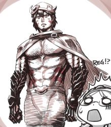 Rule 34 | !?, aged up, artist request, cape, facial hair, helmet, highres, made in abyss, muscular, muscular male, regu (made in abyss), riko (made in abyss)