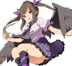 Rule 34 | 1girl, bad id, bad twitter id, black wings, blush, bow, brown hair, cellphone, checkered clothes, checkered skirt, hair bow, hair ornament, hasebe yuusaku, hat, himekaidou hatate, kneehighs, long hair, looking at viewer, necktie, open mouth, phone, pointy ears, puffy sleeves, purple eyes, shirt, short sleeves, simple background, skirt, socks, solo, tokin hat, touhou, twintails, white background, wings