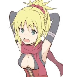Rule 34 | 1girl, armpits, arms behind head, arms up, black gloves, blonde hair, blush, braid, breasts, cleavage, cleavage cutout, clothing cutout, commentary request, cosplay, dress, elbow gloves, fate/apocrypha, fate/grand order, fate (series), gloves, green eyes, hair between eyes, hair ornament, hair scrunchie, highres, koha-ace, medium breasts, mitchi, mordred (fate), mordred (fate/apocrypha), nose blush, okita souji (fate), okita souji alter (fate), okita souji alter (fate) (cosplay), okita souji alter (first ascension) (fate), open mouth, ponytail, red dress, red scarf, red scrunchie, scarf, scrunchie, simple background, solo, sweat, wavy mouth, white background
