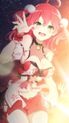 Rule 34 | 1girl, absurdres, bare shoulders, bell, breasts, cherry blossom print, cleavage, collarbone, floral print, green eyes, hair ornament, hairclip, highres, hololive, looking at viewer, midriff, navel, neck bell, open mouth, pink hair, sakura miko, sakura miko (work), shimada (odddddd64), shorts, solo, teeth, upper teeth only, virtual youtuber