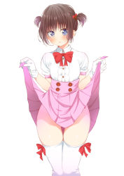 Rule 34 | 1girl, attsun (atsushi jb), blue eyes, blush, bow, bowtie, brown hair, clothes lift, cowboy shot, gloves, gluteal fold, high-waist skirt, legs together, lifting own clothes, looking at viewer, no panties, parted lips, puffy short sleeves, puffy sleeves, seifuku!, shirt, short hair, short sleeves, simple background, skirt, skirt lift, solo, standing, thigh gap, thighhighs, two side up, white background, white gloves, white shirt, white thighhighs