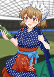 Rule 34 | 1girl, alternate costume, bandaid, bandaid on face, baseball stadium, blue kimono, bottle, brown eyes, brown hair, dated, fang, highres, holding, holding bottle, japanese clothes, kantai collection, kimono, looking to the side, oboro (kancolle), senon, short hair, signature, solo, twitter username